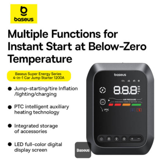 Baseus Primetrip Series Super Energy 4in1 Car Jump Starter 1200A with 150 PSI Tire Inflator, 3000mAh Power Bank & Flashlight | Color Display - Black