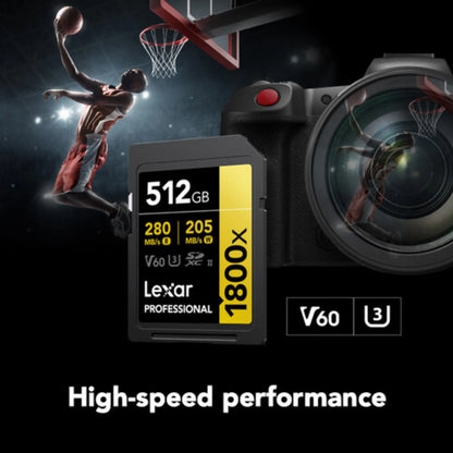 Lexar 512GB Professional 1800x UHS-II SDXC Memory Card GOLD V60 280MB/s