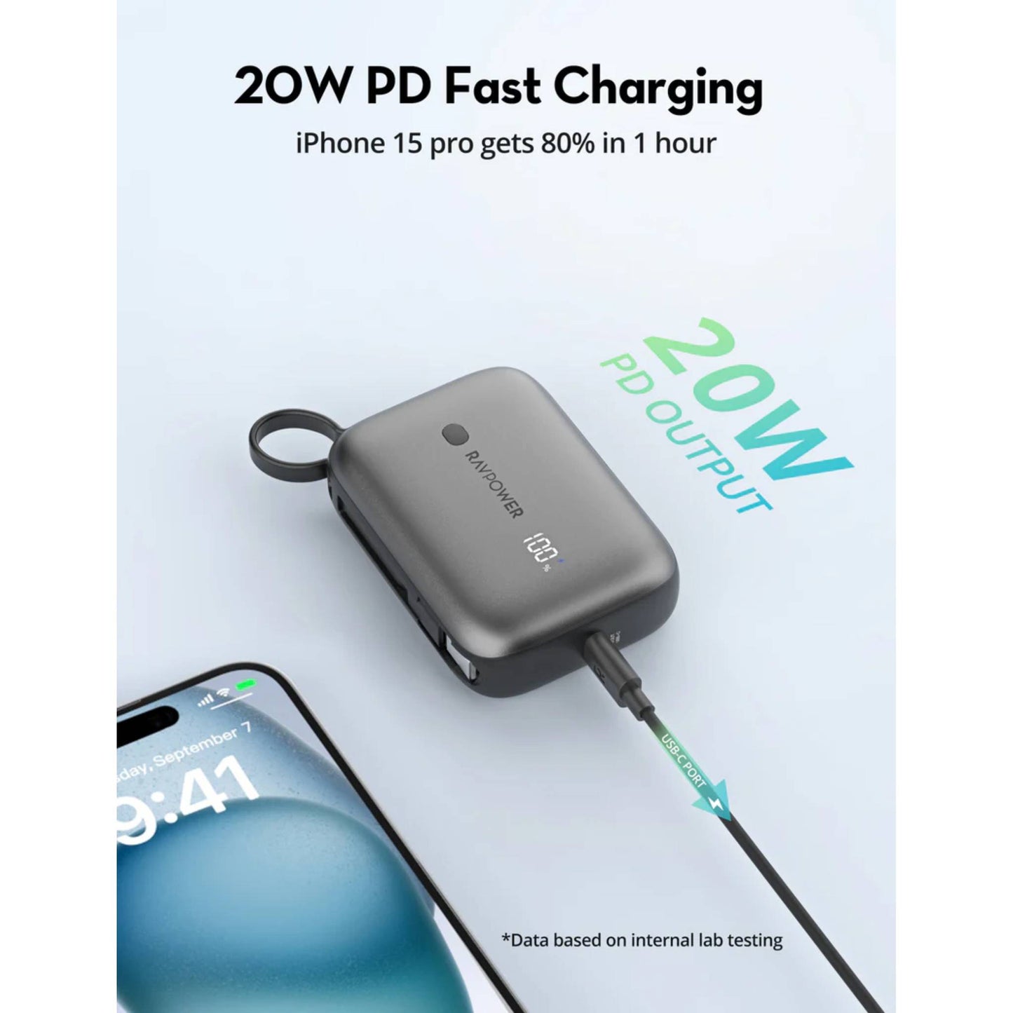 RAVPower 3-Port Power Bank, 10000mAh, PD20W, RP-PB1224 | Built-in USB C-Cable