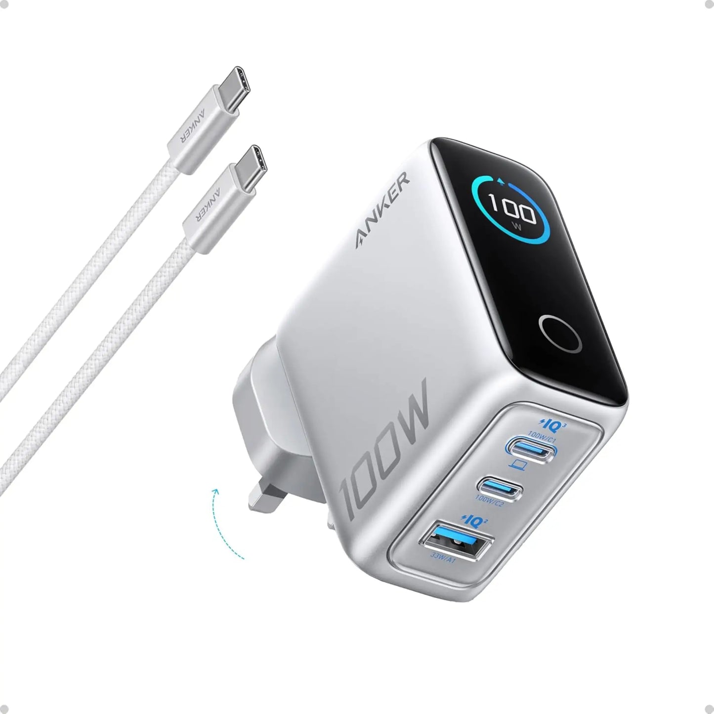 Anker 100W GaN Charger 3-Port with Smart Display | USB-C Fast Charger