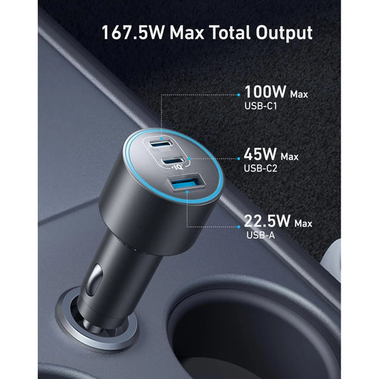 Anker 167.5W Triple-Port Car Charger with USB-C Cable | 100W Fast Charging