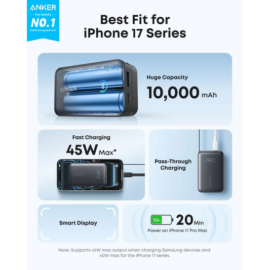 Anker Nano Power Bank 10K 45W with Retractable USB-C Cable | Fast Charging Portable Charger