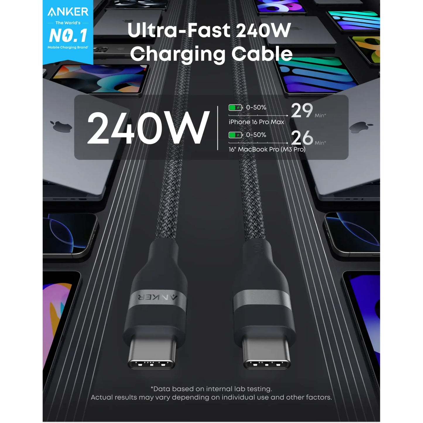 Anker USB-C to USB-C Cable (6ft, 240W, Upcycled-Braided)