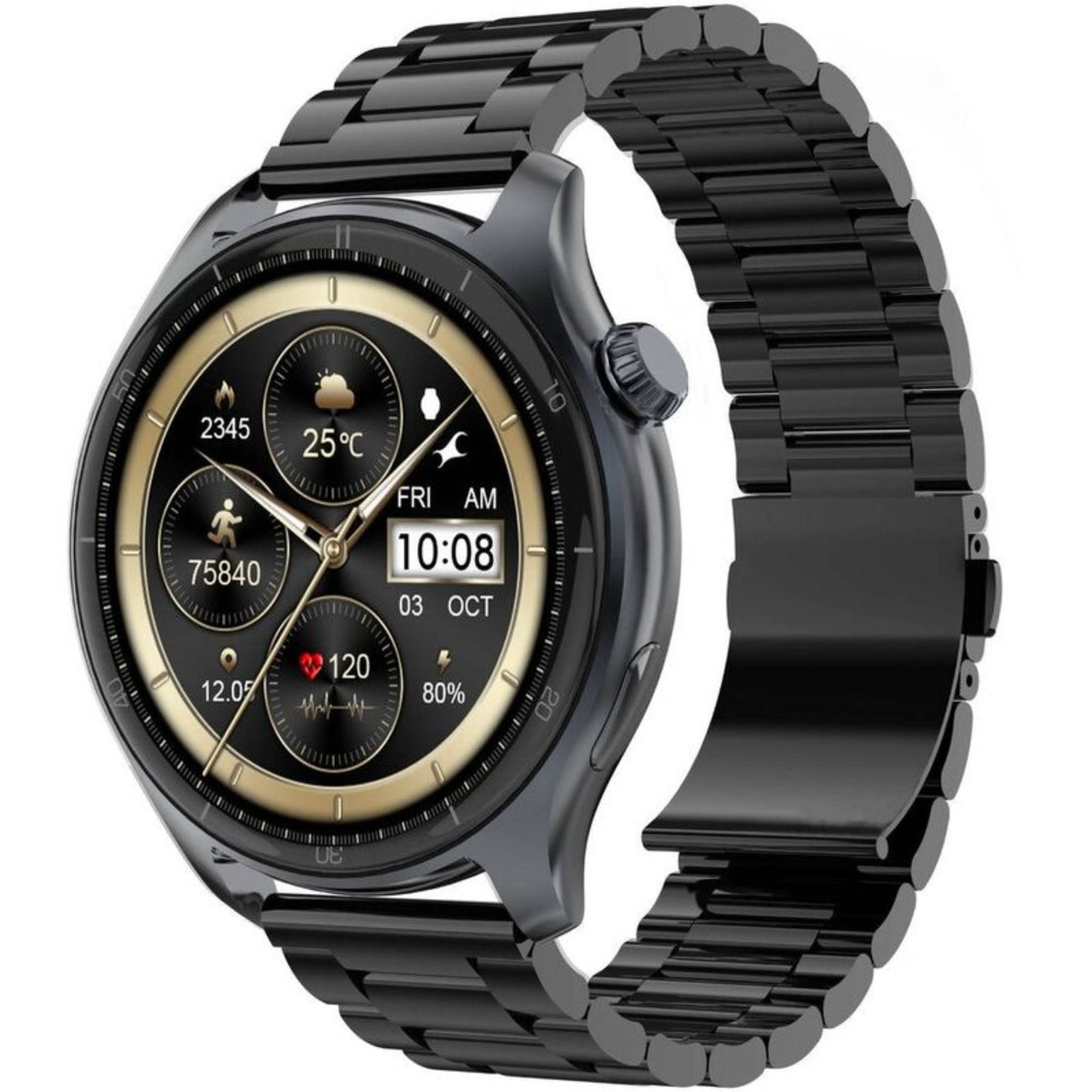 Fastrack Elite Smartwatch with a 1.43″ HD round display, always-on display (AOD), Bluetooth calling, weather updates, daily activity tracking, and a premium metal strap.