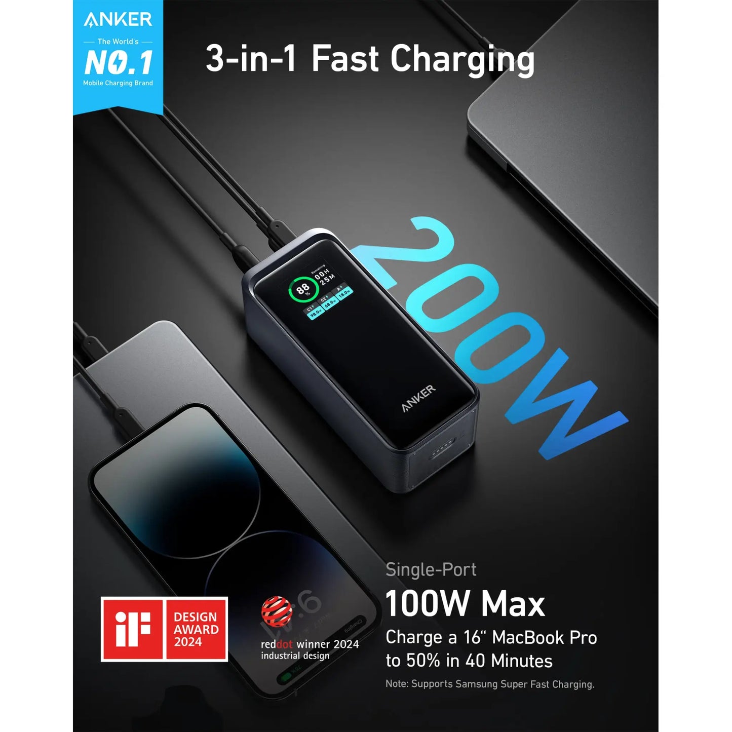Anker Prime 20,000mAh 200W Power Bank A1336 | 100W USB-C Fast Charging