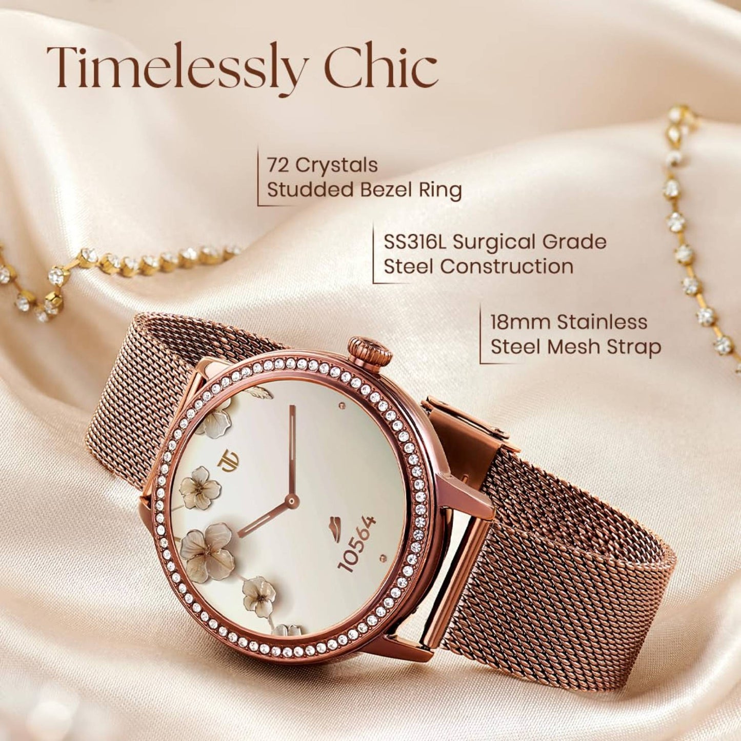 Titan Valerie Premium Smartwatch with AllÂ 316L SS construction, Skin Temp. Sensor, Womenâ€™s Health, SingleSync BT Calling