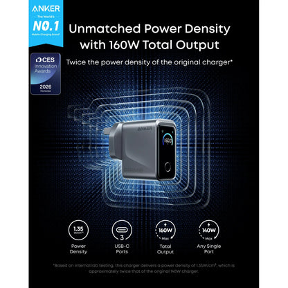 Anker Prime Charger 160W 3-Port USB-C GaN Charger with Smart Display & Bluetooth