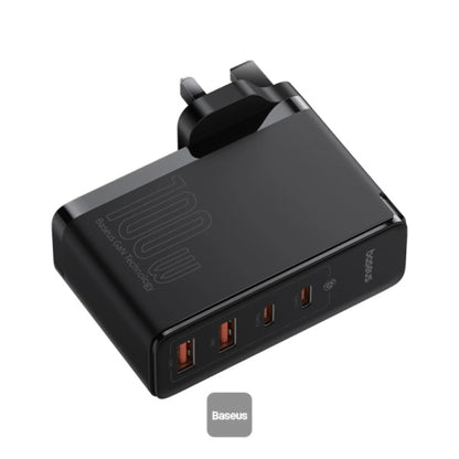 Baseus GaN5 Pro 100W 4-Port Fast Charger UK Plug | 2 Type-C + 2 USB-A with 100W Cable – Black
