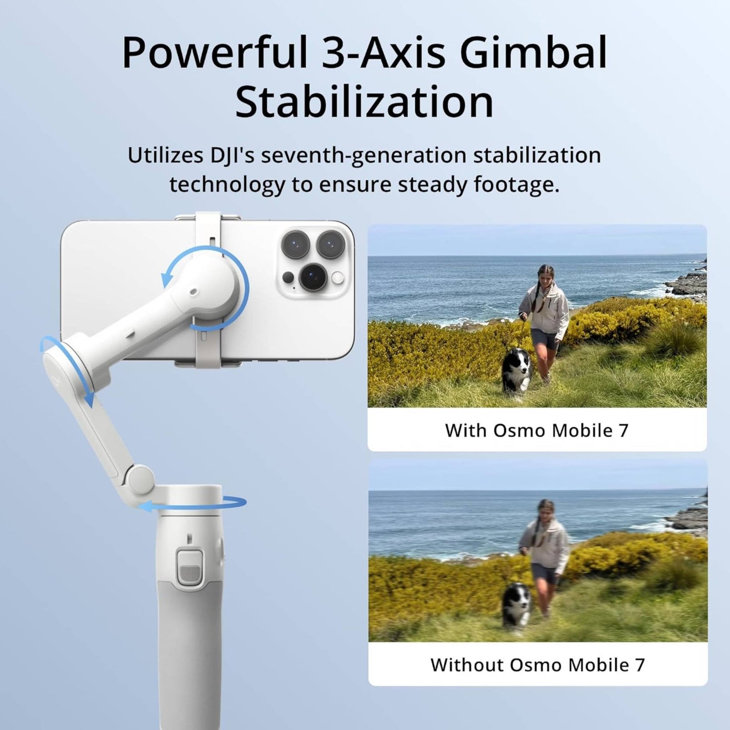 DJI Osmo Mobile 7 is a portable 3-axis gimbal stabilizer for iPhone and Android