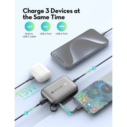 RAVPower 3-Port Power Bank, 10000mAh, PD20W, RP-PB1224 | Built-in USB C-Cable