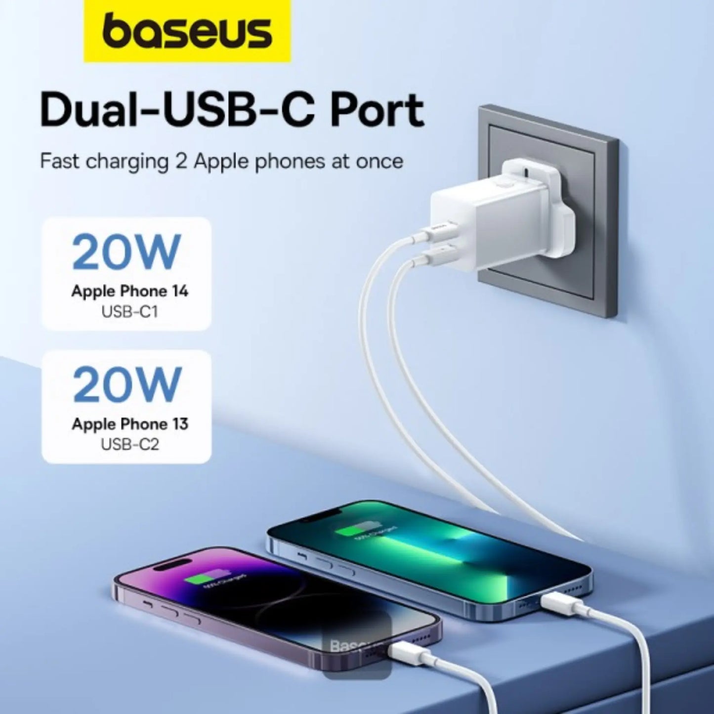 Baseus PD 40W Dual Type‑C GaN5 Pro Fast Charger – Dual USB-C Power Adapter for iPhone 15, MacBook & Samsung | White