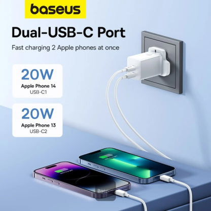 Baseus PD 40W Dual Type‑C GaN5 Pro Fast Charger – Dual USB-C Power Adapter for iPhone 15, MacBook & Samsung | White