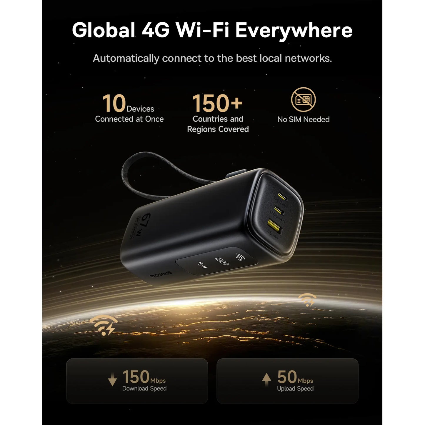 Baseus 4G LTE Mobile Hotspot & 20000mAh 67W Power Bank | Global WiFi