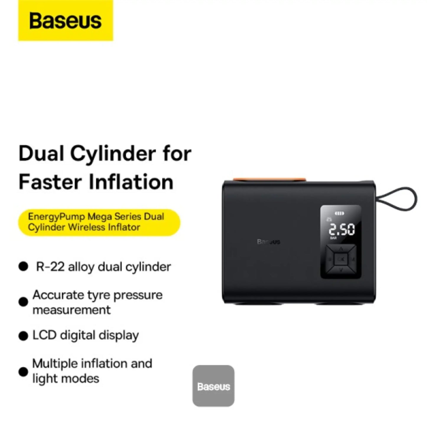 Baseus Mega Energy Pump Dual Cylinder Wireless Inflator Black – Portable Tyre Air Pump