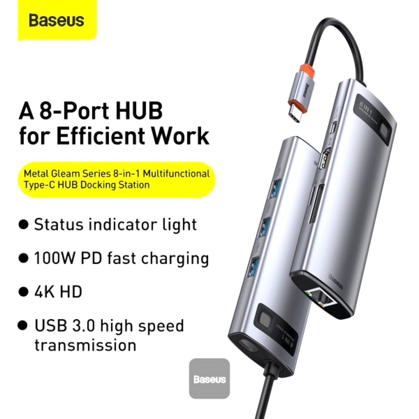 Baseus Metal Gleam Series 8-in-1 Multifunctional Type-C HUB Docking Station - Grey