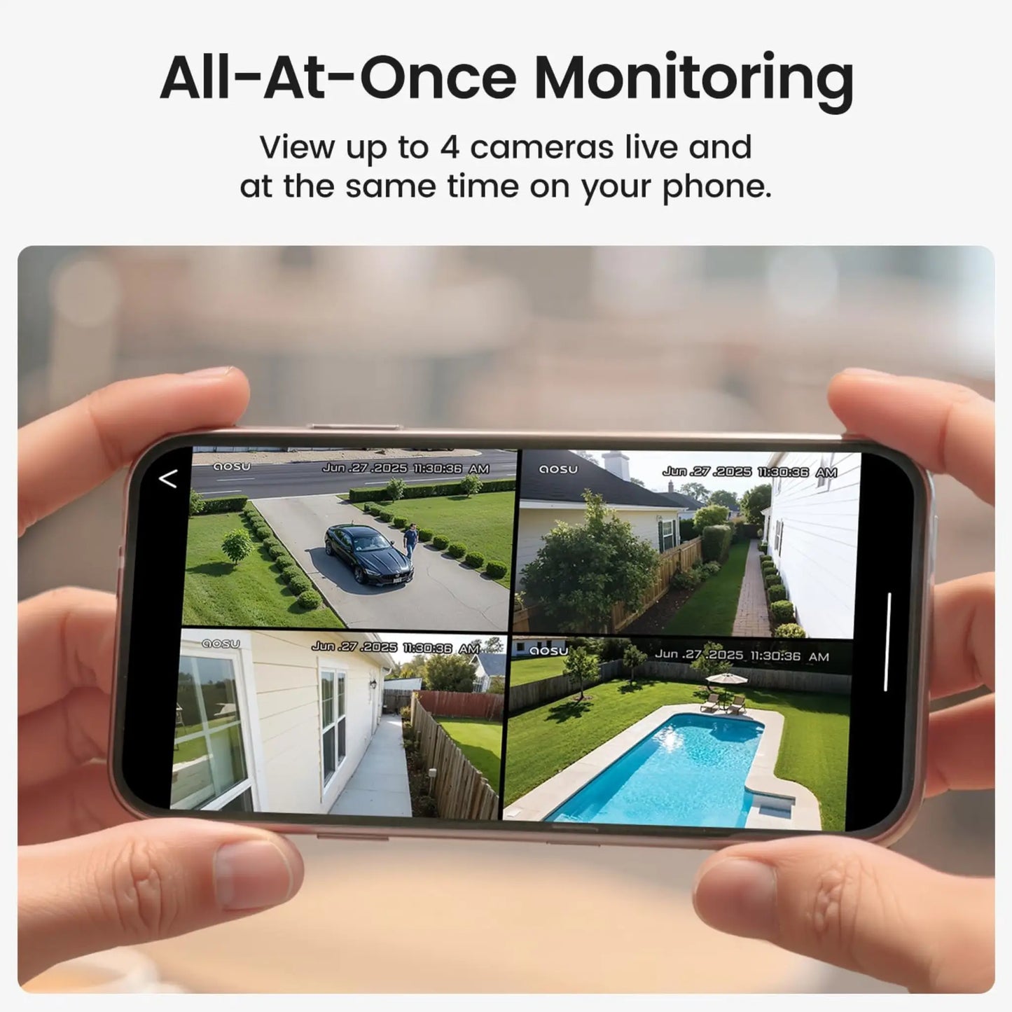 Aosu SolarCam D1 Classic System C9C-4H | Outdoor Wireless Security Cameras 4-Cam Kit | Solar Powered 2K CCTV System