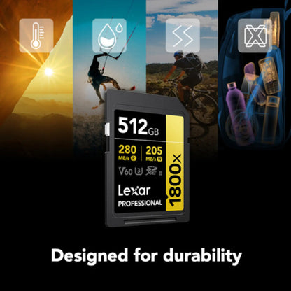 Lexar 512GB Professional 1800x UHS-II SDXC Memory Card GOLD V60 280MB/s