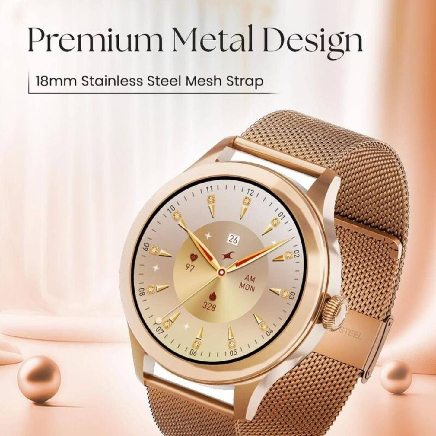 Fastrack Vybe Women’s Smart Watch | Rose Gold Metal body with a vibrant AMOLED round display