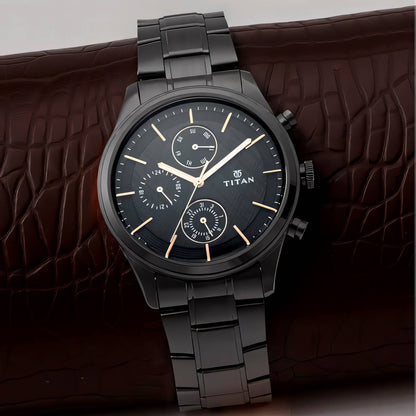 Titan Workwear Multifunction Black Round Dial Black Metal Strap Watch For Men