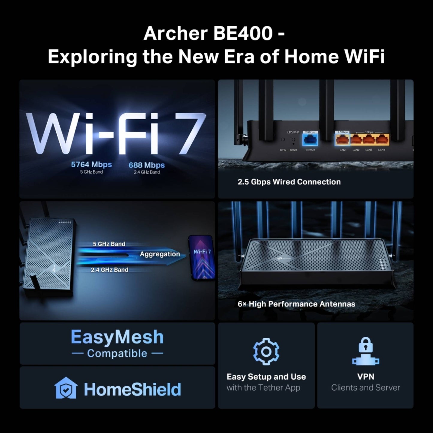TP-Link Archer BE400 BE6500 Wi-Fi 7 Router | 6.5 Gbps