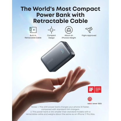 Anker Nano Power Bank 10K 45W with Retractable USB-C Cable | Fast Charging Portable Charger
