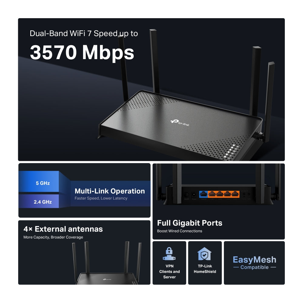 TP-Link Archer BE220 BE3600 Wi-Fi 7 Router | 3.6Gbps Dual-Band, EasyMesh