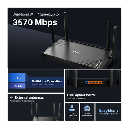 TP-Link Archer BE220 BE3600 Wi-Fi 7 Router | 3.6Gbps Dual-Band, EasyMesh
