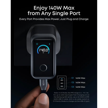 Anker Prime Charger 160W 3-Port USB-C GaN Charger with Smart Display & Bluetooth