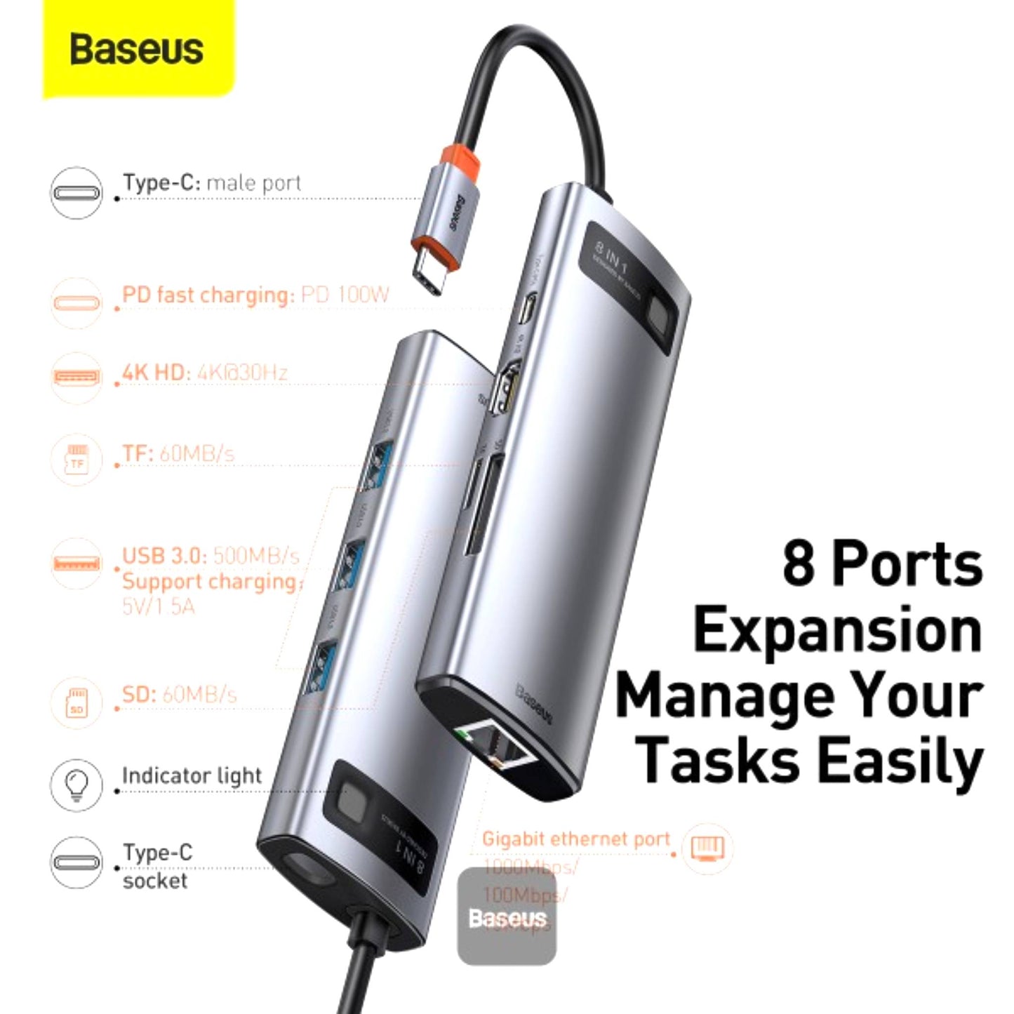 Baseus Metal Gleam Series 8-in-1 Multifunctional Type-C HUB Docking Station - Grey