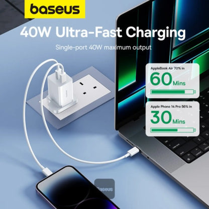 Baseus PD 40W Dual Type‑C GaN5 Pro Fast Charger – Dual USB-C Power Adapter for iPhone 15, MacBook & Samsung | White
