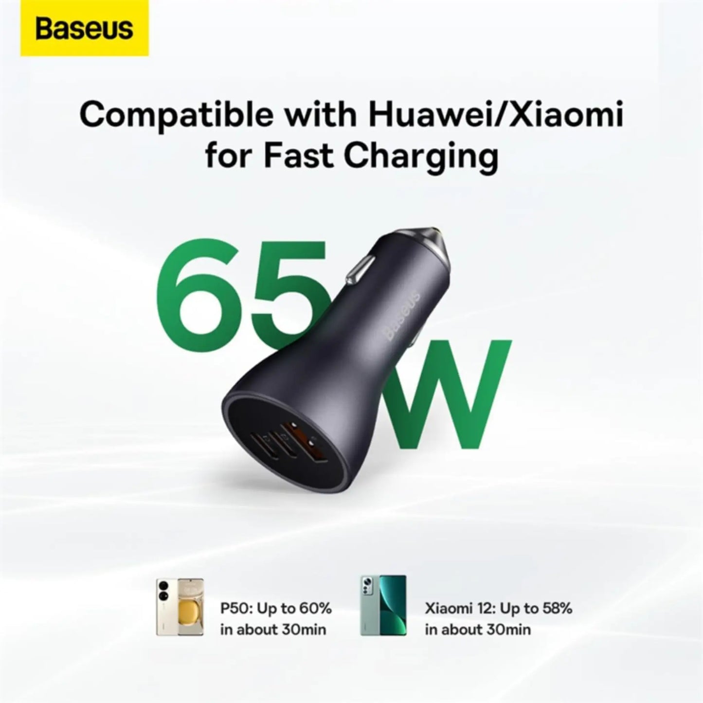 Baseus Golden Contactor Pro 65W Car Charger – Dual Type-C & USB Fast Charging
