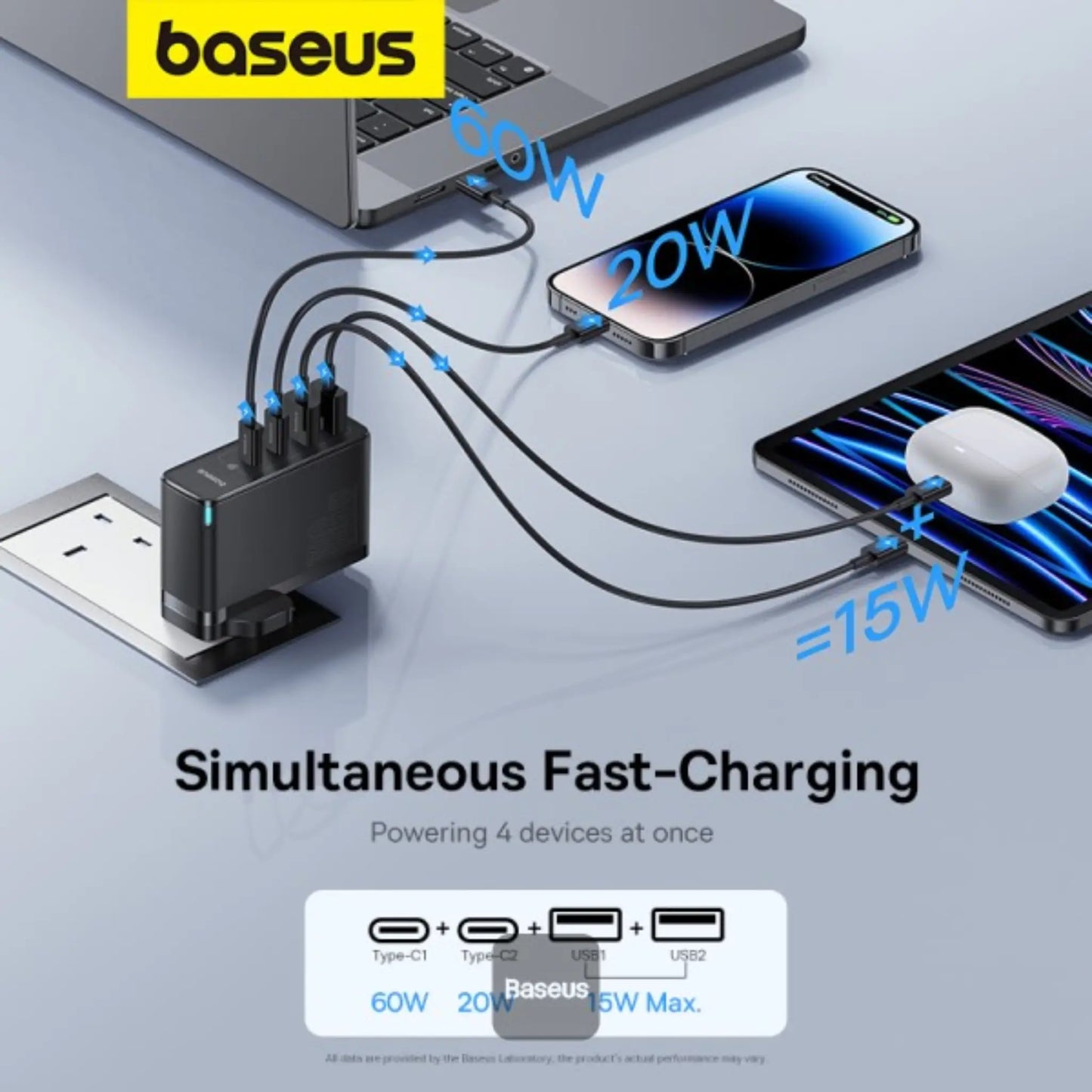 Baseus GaN5 Pro 100W 4-Port Fast Charger UK Plug | 2 Type-C + 2 USB-A with 100W Cable – Black