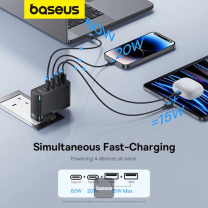 Baseus GaN5 Pro 100W 4-Port Fast Charger UK Plug | 2 Type-C + 2 USB-A with 100W Cable – Black