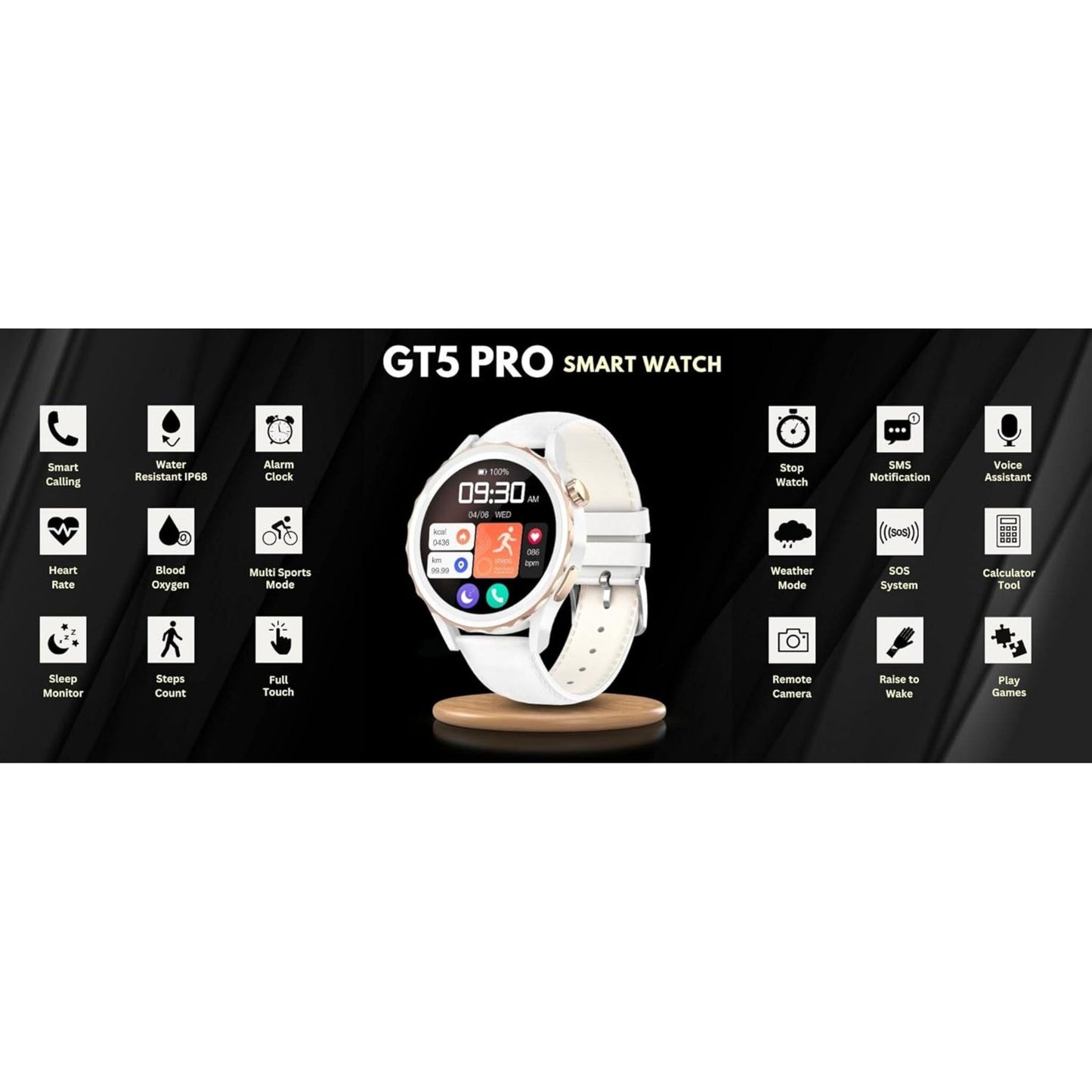 G-Tab GT5 PRO Smart Watch with Leather Strap White - 300mAh Battery, IP68