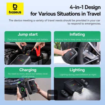 Baseus Primetrip Series Super Energy 4in1 Car Jump Starter 1200A with 150 PSI Tire Inflator, 3000mAh Power Bank & Flashlight | Color Display - Black