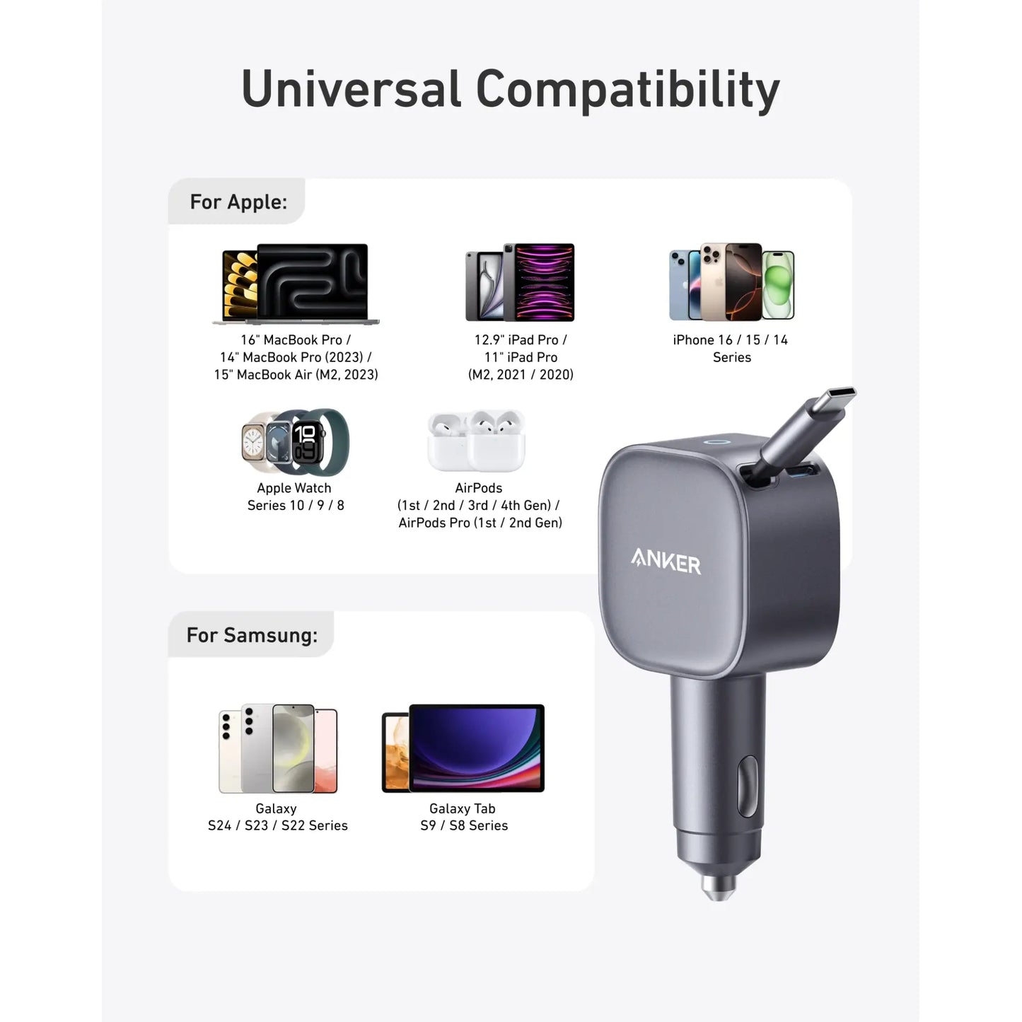 Anker Nano 75W Car Charger with Retractable USB-C Cable
