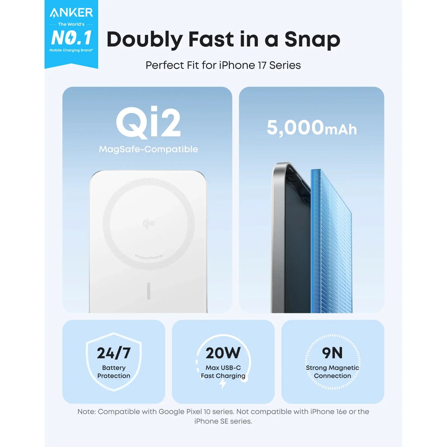Anker Nano Power Bank 5000mAh MagGo Slim Qi2 Magnetic 20W Fast Charging