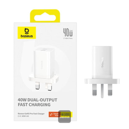 Baseus PD 40W Dual Type‑C GaN5 Pro Fast Charger – Dual USB-C Power Adapter for iPhone 15, MacBook & Samsung | White