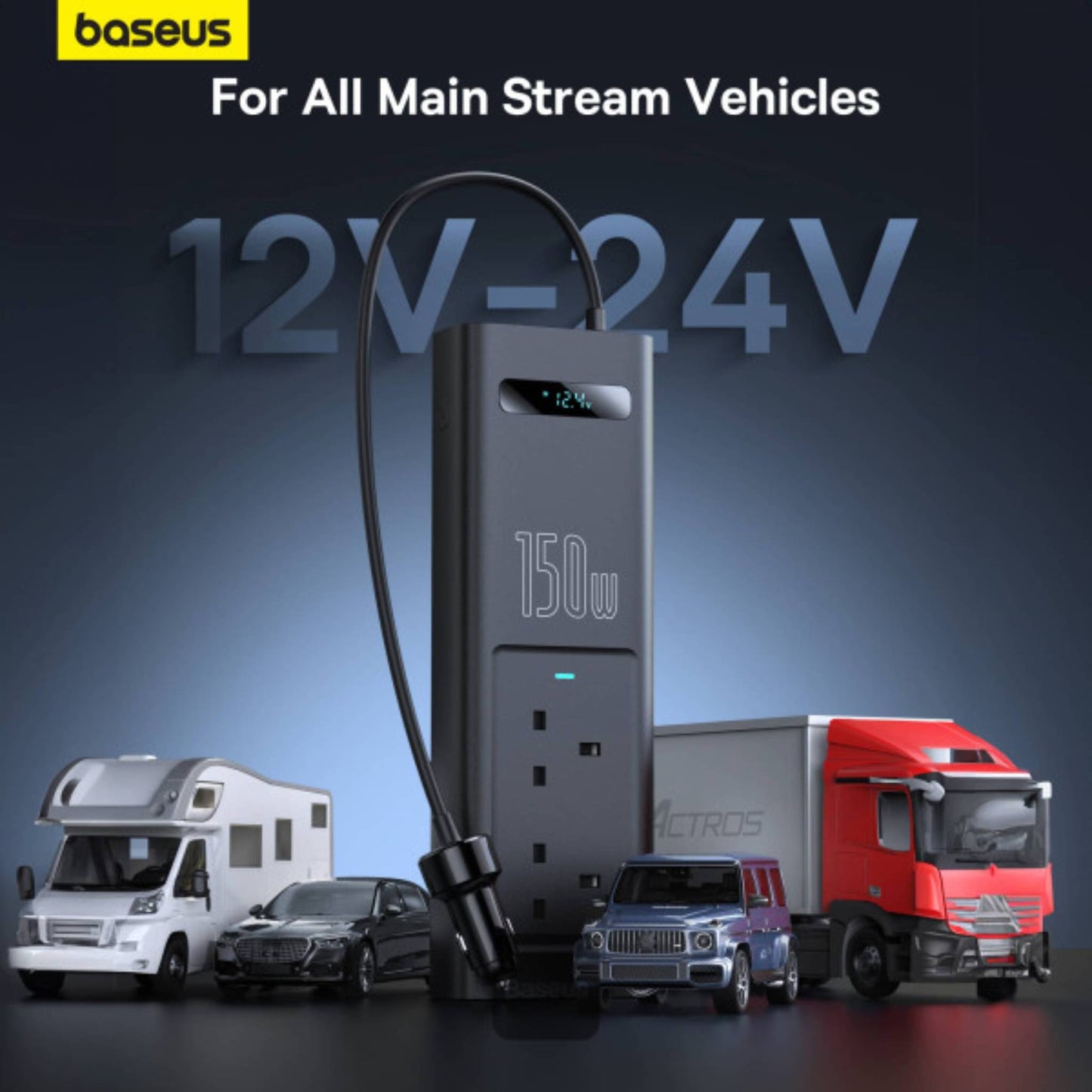 Baseus 150W Car Power Inverter with 5 Ports & UK Plug | Fast Charging for Laptops & Phones
