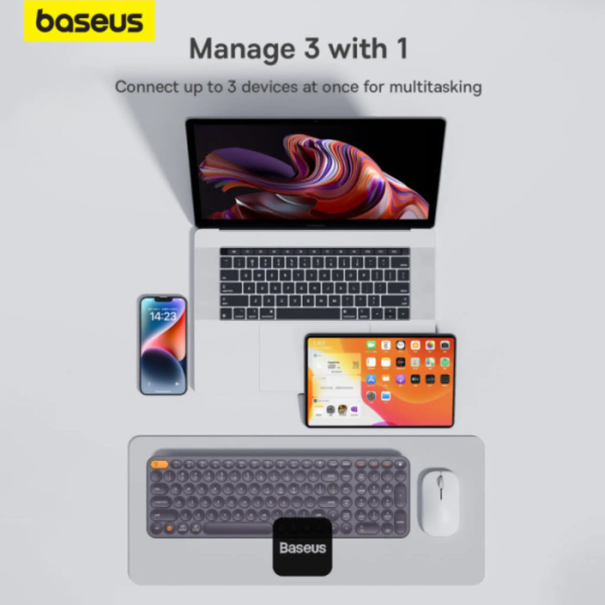 Baseus K01B Wireless Tri-Mode Keyboard + F01A Wireless Mouse Combo – Silent US Layout, Bluetooth 5.0 & 2.4G, 800/1000/1600 DPI – Gray