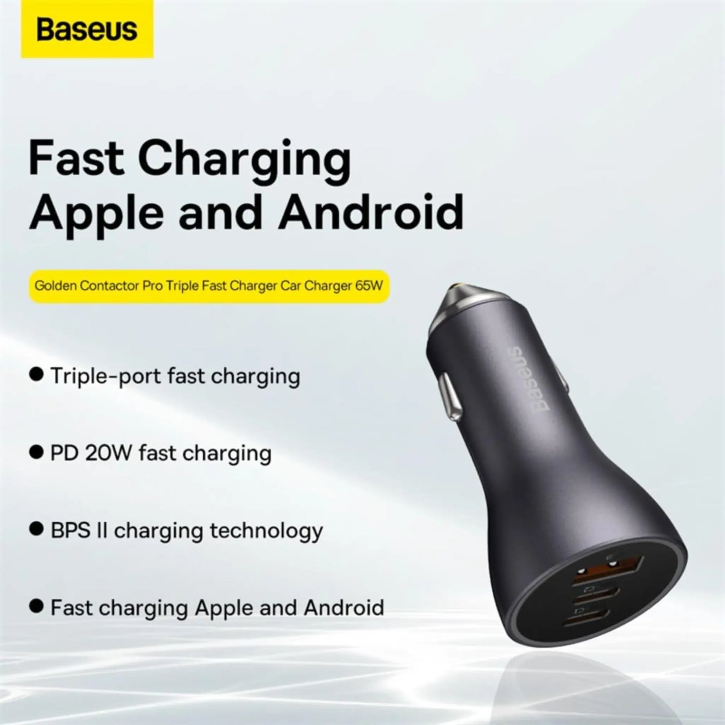 Baseus Golden Contactor Pro 65W Car Charger – Dual Type-C & USB Fast Charging