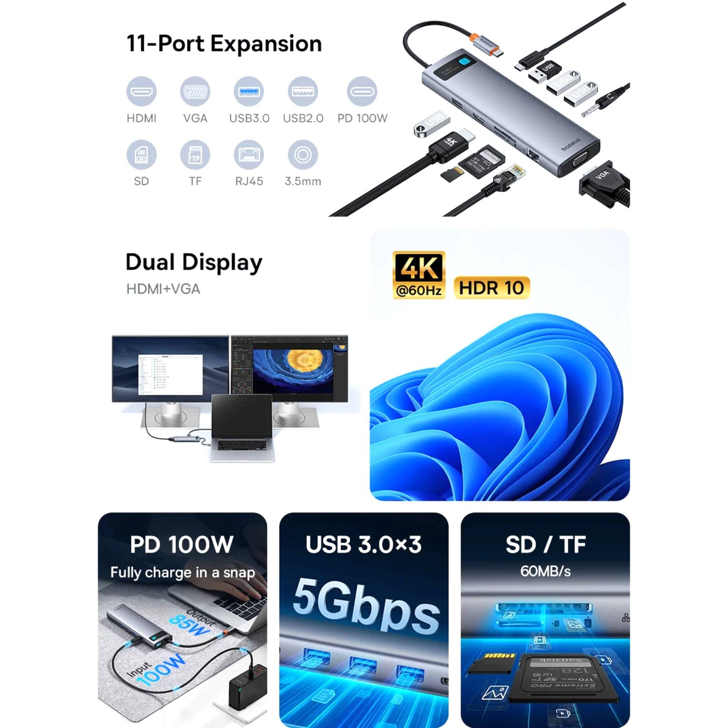 Baseus 11 in 1 Expansion Port HUB Metal Gleam Series