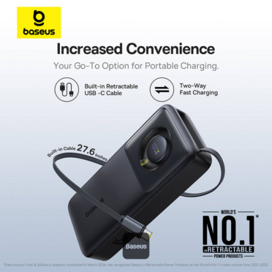Baseus Free2Pull 20000mAh Power Bank with Built-in Retractable Type-C Cable for Laptop - 65W Fast Charging, Digital Display - Black