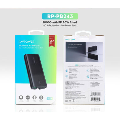 Ravpower RP-RP243 10000mAh 3-Ports With Charger and Power Bank UK Plug - Black