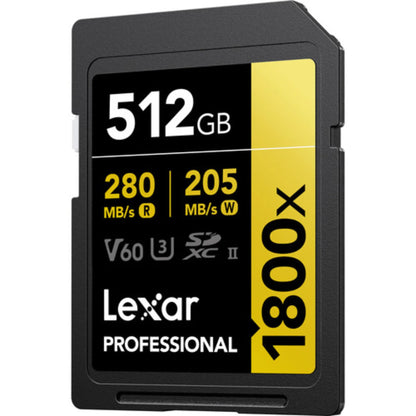 Lexar 512GB Professional 1800x UHS-II SDXC Memory Card GOLD V60 280MB/s