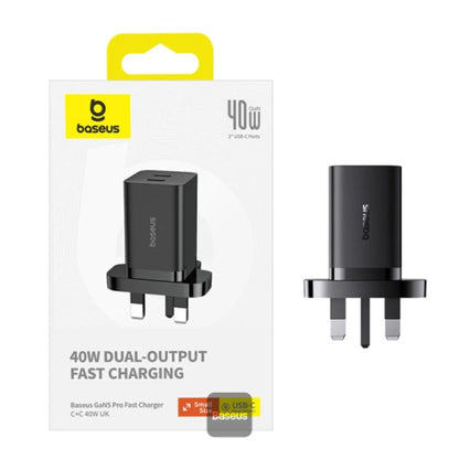 Baseus PD 40W Dual Type‑C GaN5 Pro Fast Charger – Dual USB-C Power Adapter for iPhone 15, MacBook & Samsung | White