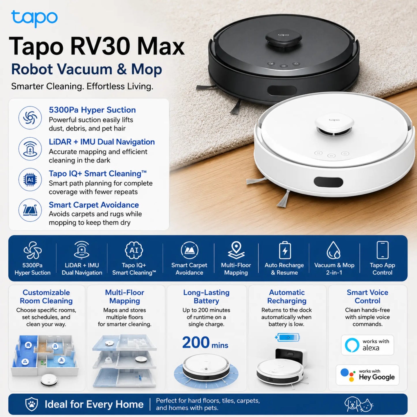 TP-Link Tapo RV30 Max Robot Vacuum & Mop | 5300Pa LiDAR Smart Cleaner