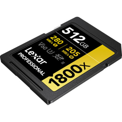 Lexar 512GB Professional 1800x UHS-II SDXC Memory Card GOLD V60 280MB/s