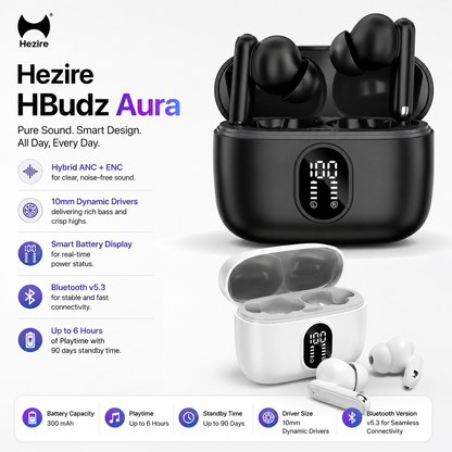 Hezire HBudz Aura Wireless Earbuds | Hybrid ANC + ENC, Bluetooth 5.3 | HEZ-TWS-550