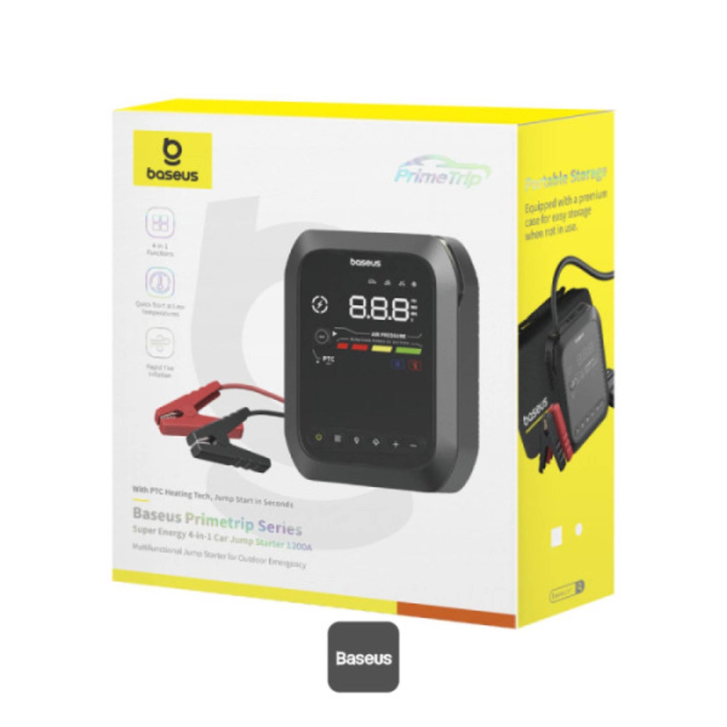 Baseus Primetrip Series Super Energy 4in1 Car Jump Starter 1200A with 150 PSI Tire Inflator, 3000mAh Power Bank & Flashlight | Color Display - Black